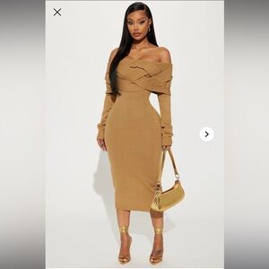 Tan Off-Shoulder Knit Dress